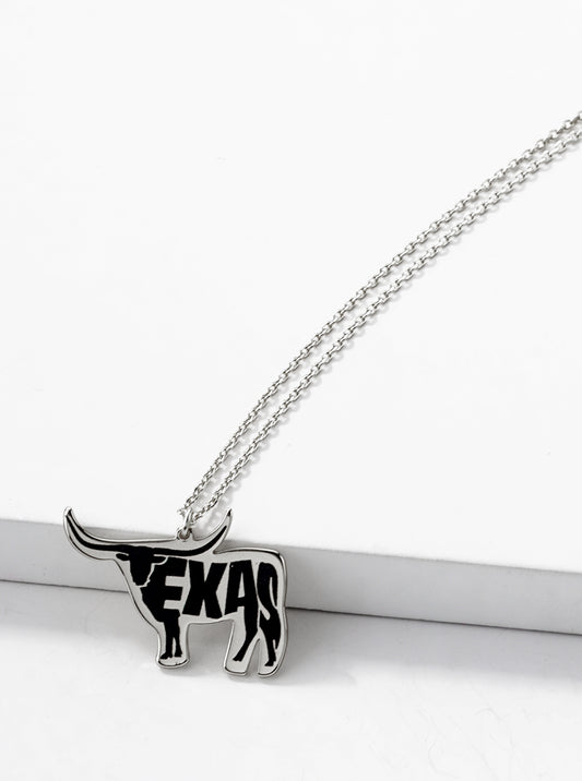 White Gold Dipped Texas Longhorn Pendant Necklace