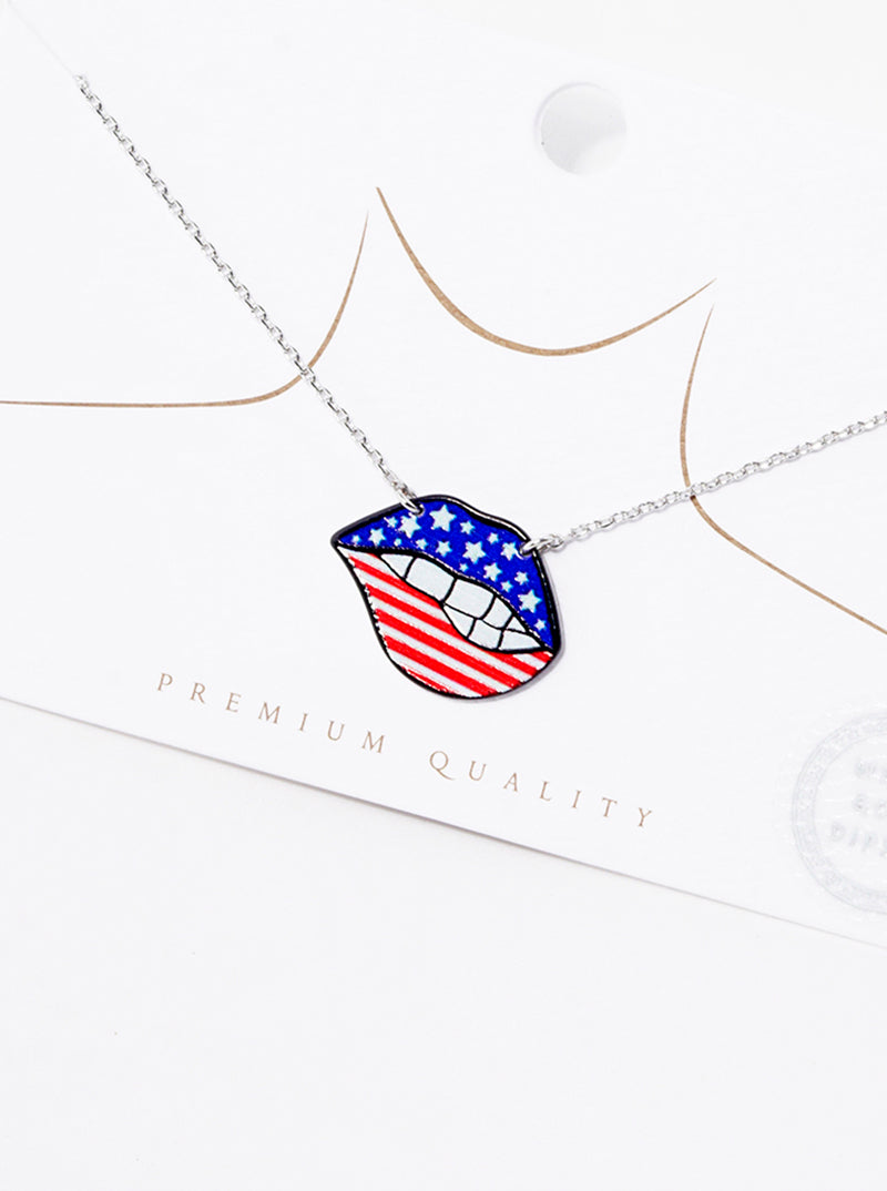 White Gold Dipped US Flag Pattern Lips Printed Pendant Necklace