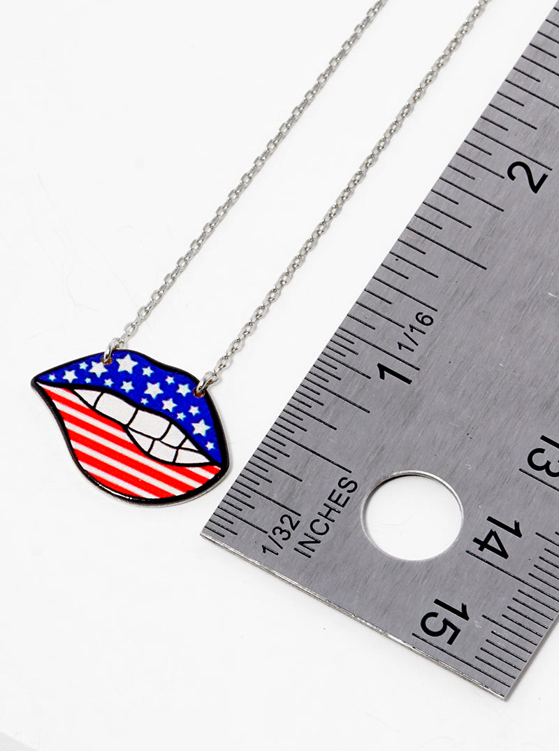 White Gold Dipped US Flag Pattern Lips Printed Pendant Necklace