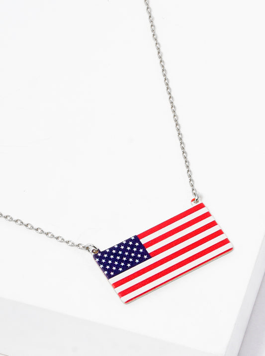 White Gold Dipped US Flag Printed Pendant Necklace