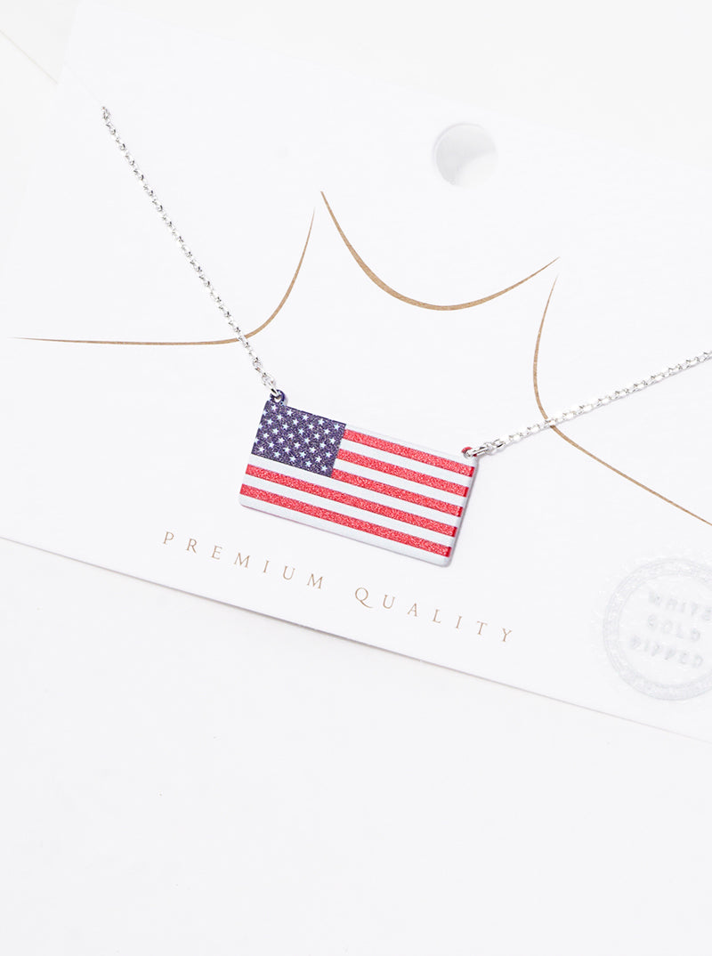 White Gold Dipped US Flag Printed Pendant Necklace