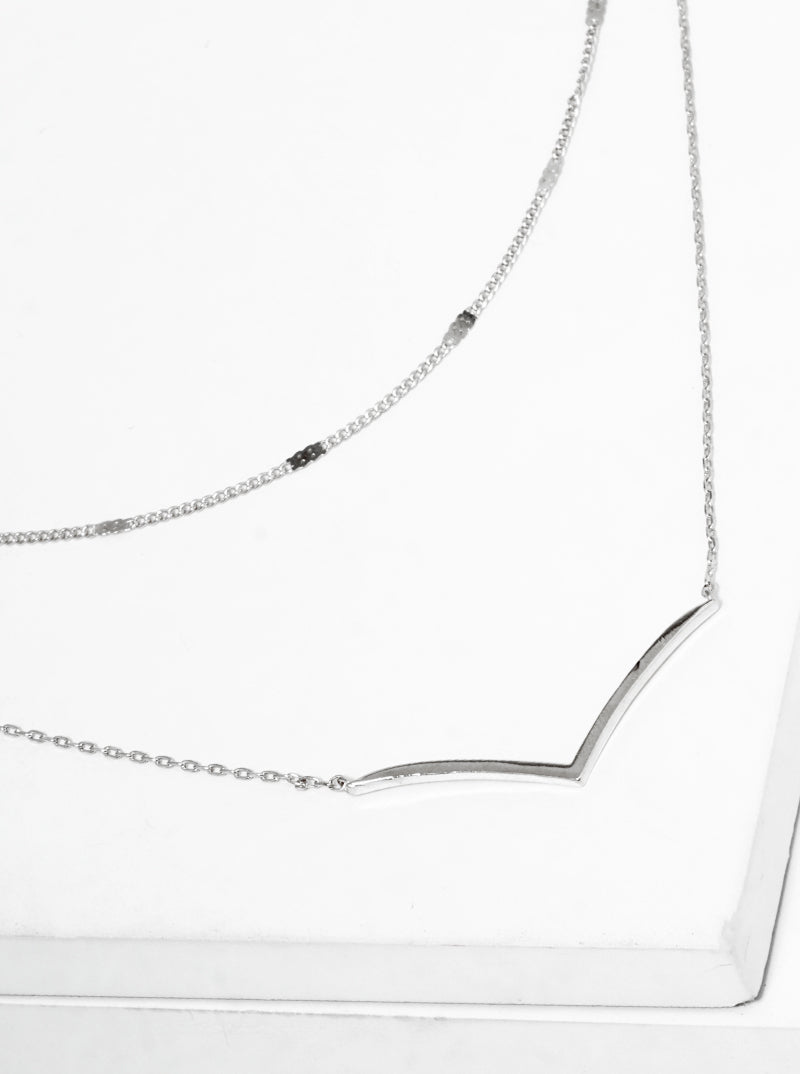 White Gold Dipped V Shape Bar Pendant Layered Necklace