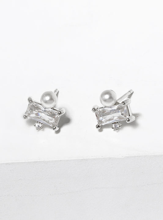 White Gold Dipped Baguette CZ Pearl Post Stud Earrings