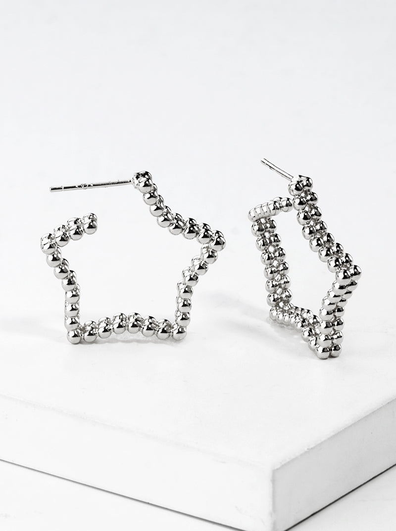 White Gold Dipped Ball Textured Metal Star 25mm Open Hoop Earrings