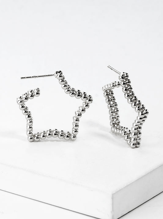White Gold Dipped Ball Textured Metal Star 25mm Open Hoop Earrings