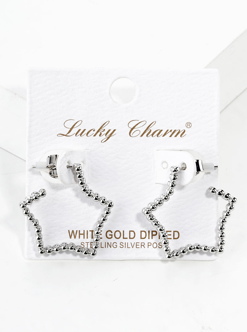 White Gold Dipped Ball Textured Metal Star 25mm Open Hoop Earrings