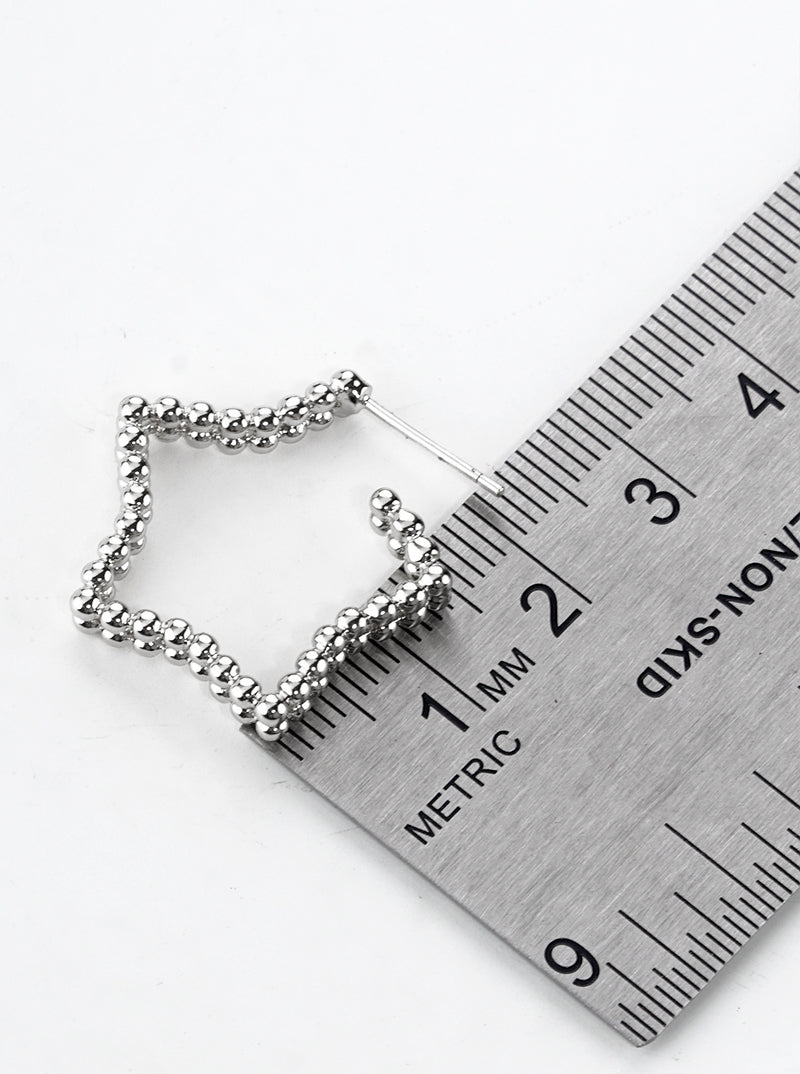 White Gold Dipped Ball Textured Metal Star 25mm Open Hoop Earrings