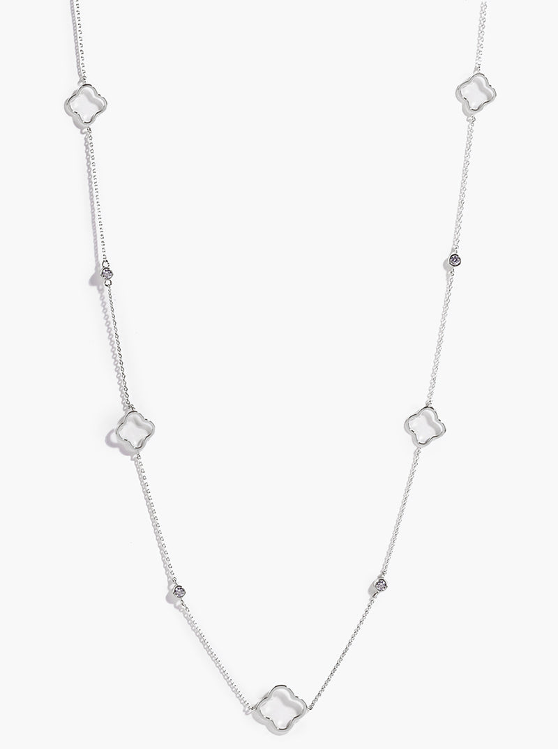 White Gold Dipped Bezel CZ Quatrefoil 36 Inch Long Station Necklace