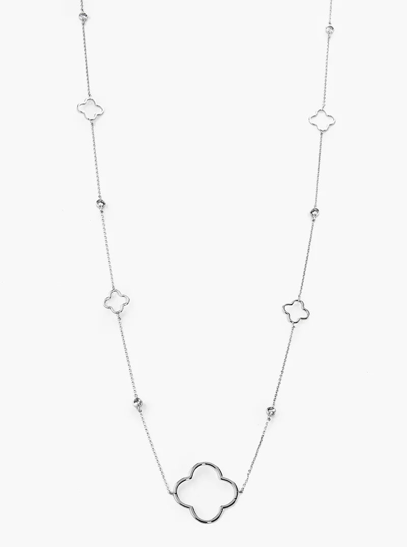 White Gold Dipped Bezel Set CZ Quatrefoil Long Station Necklace
