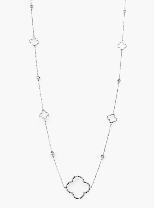 White Gold Dipped Bezel Set CZ Quatrefoil Long Station Necklace