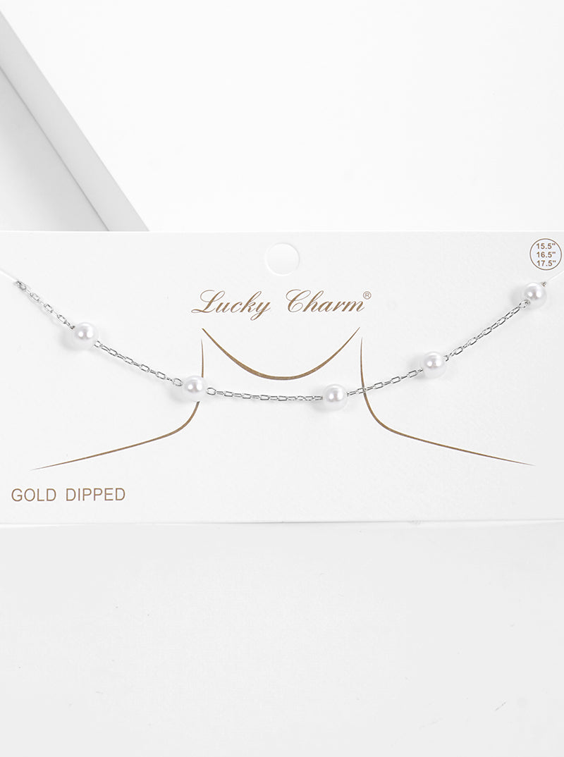White Gold Dipped Chain With Faux Pearl By Yard Necklace