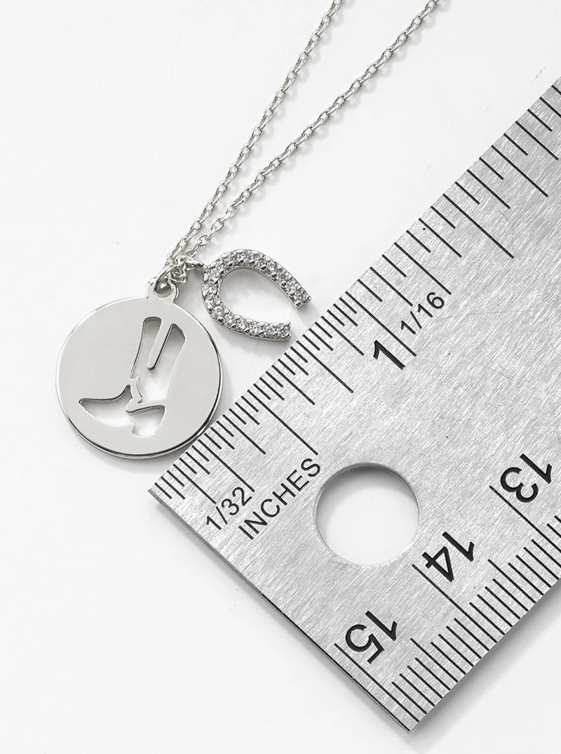White Gold Dipped Cowgirl Boot And CZ Pave Horseshoe Pendant Necklace
