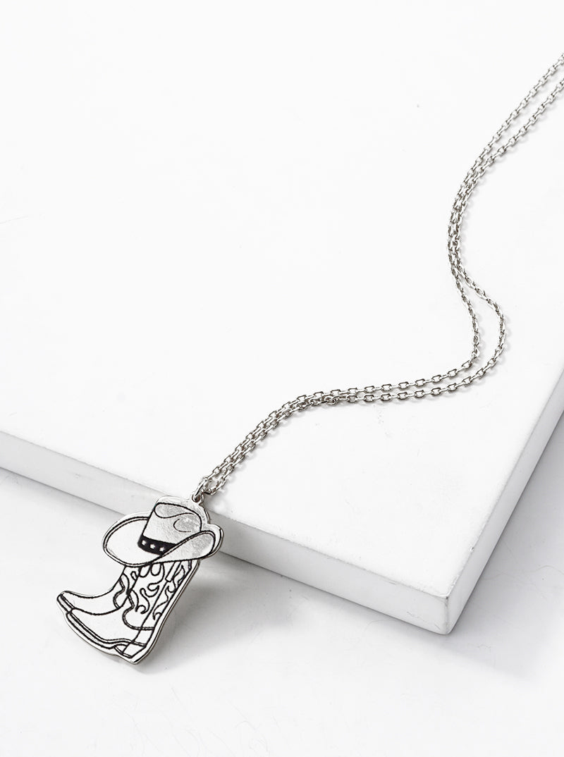 White Gold Dipped Cowgirl Boot And Hat Pendant Necklace