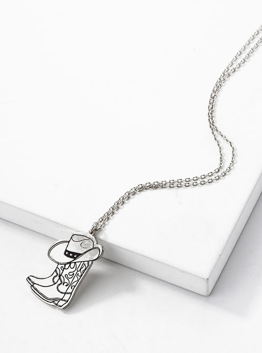 White Gold Dipped Cowgirl Boot And Hat Pendant Necklace