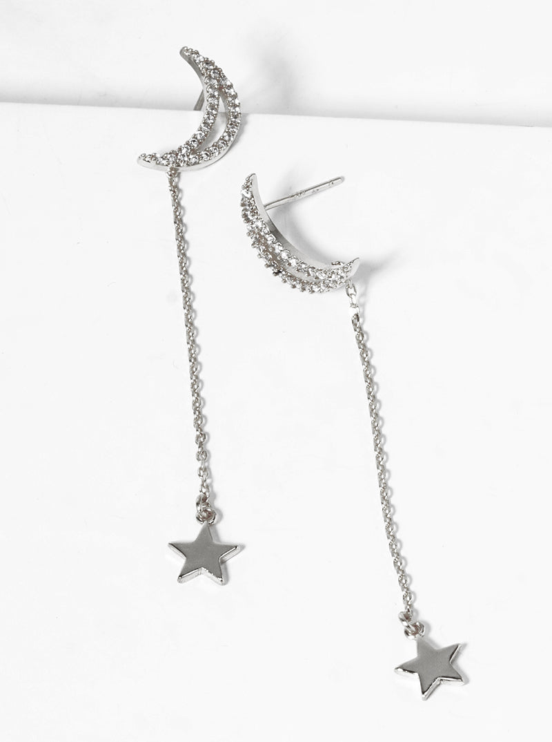 White Gold Dipped Crescent Moon With Star Drop Dangle Post Earrings