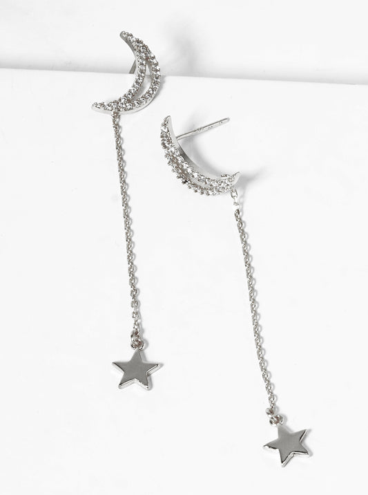 White Gold Dipped Crescent Moon With Star Drop Dangle Post Earrings