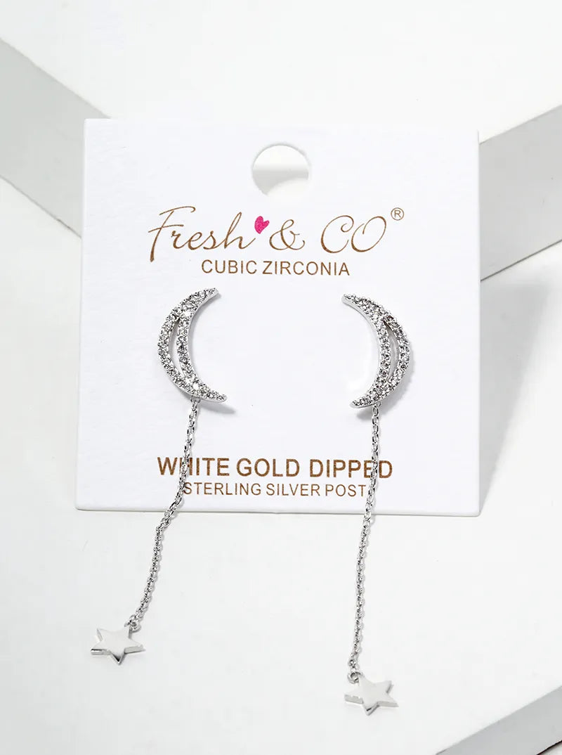 White Gold Dipped Crescent Moon With Star Drop Dangle Post Earrings