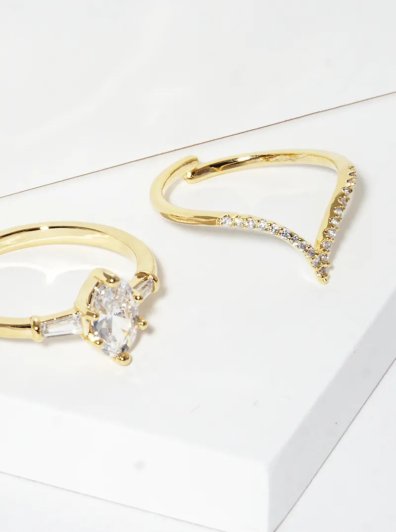White Gold Dipped Cubic Zirconia Chevron Geometric Shape 2pc Set Ring