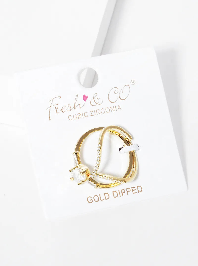 White Gold Dipped Cubic Zirconia Chevron Geometric Shape 2pc Set Ring