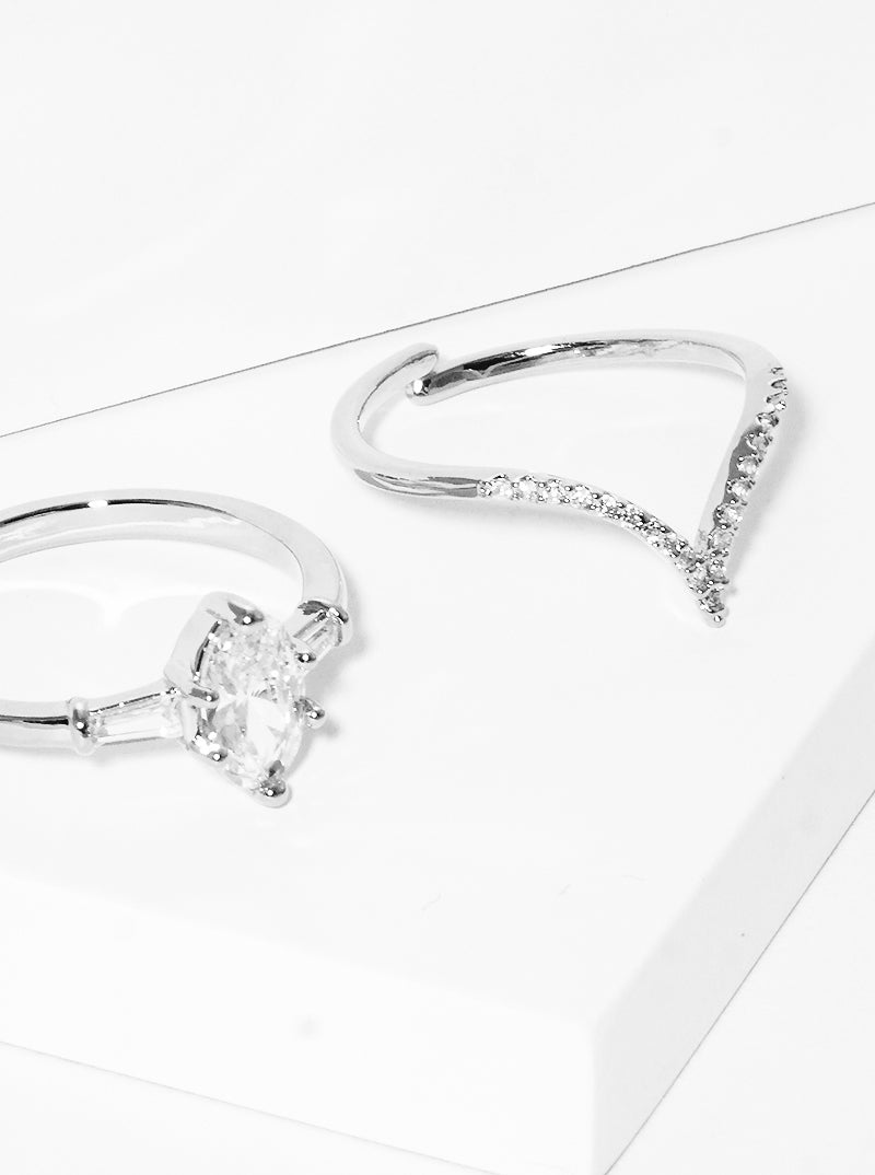 White Gold Dipped Cubic Zirconia Chevron Geometric Shape 2pc Set Ring
