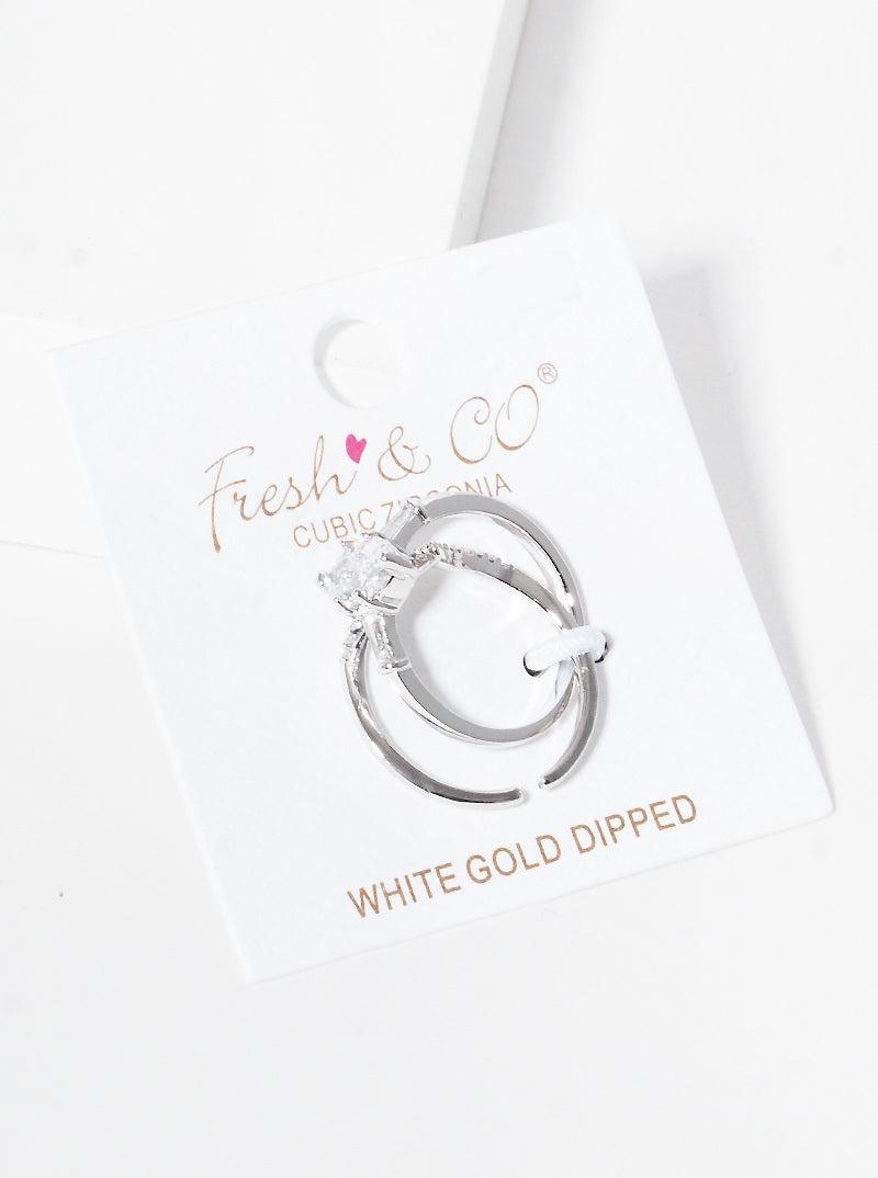 White Gold Dipped Cubic Zirconia Chevron Geometric Shape 2pc Set Ring