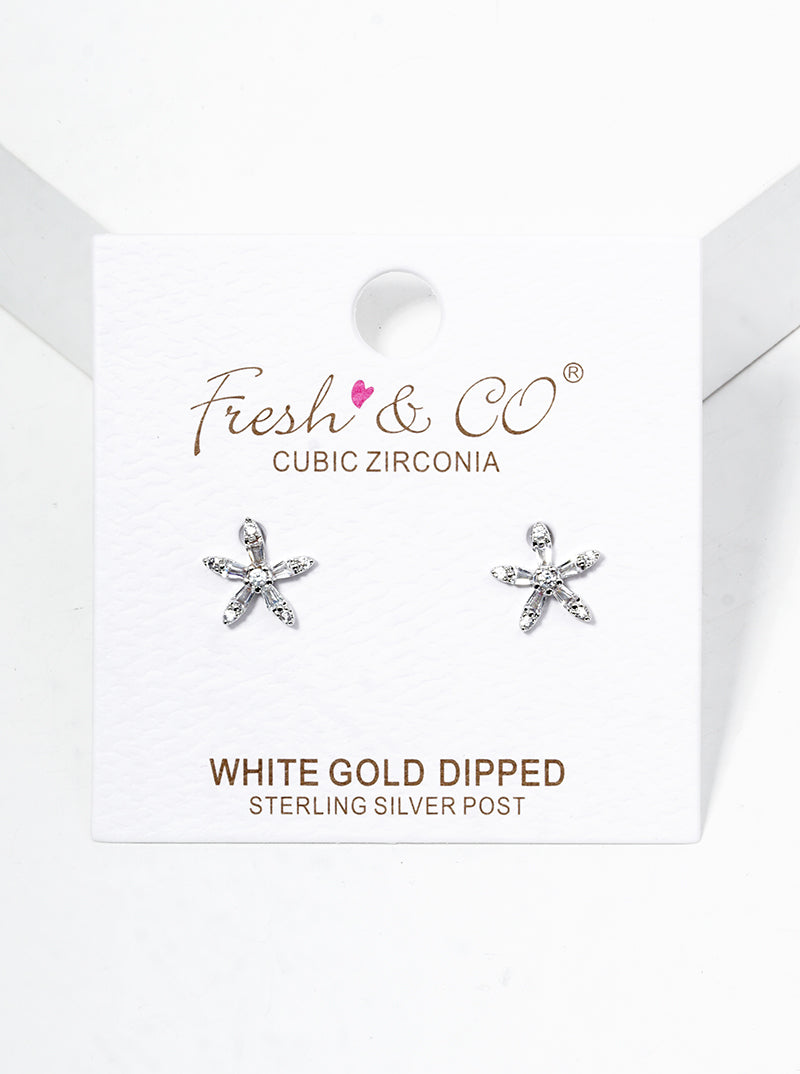 White Gold Dipped Dainty CZ Pave Flower Post Stud Earrings