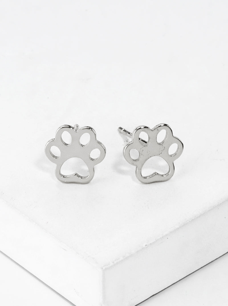 White Gold Dipped Dainty Dog Paw Post Stud Earrings
