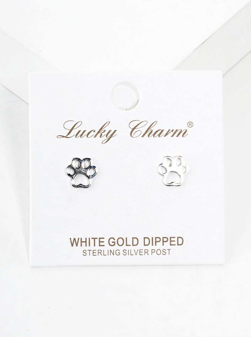 White Gold Dipped Dainty Dog Paw Post Stud Earrings