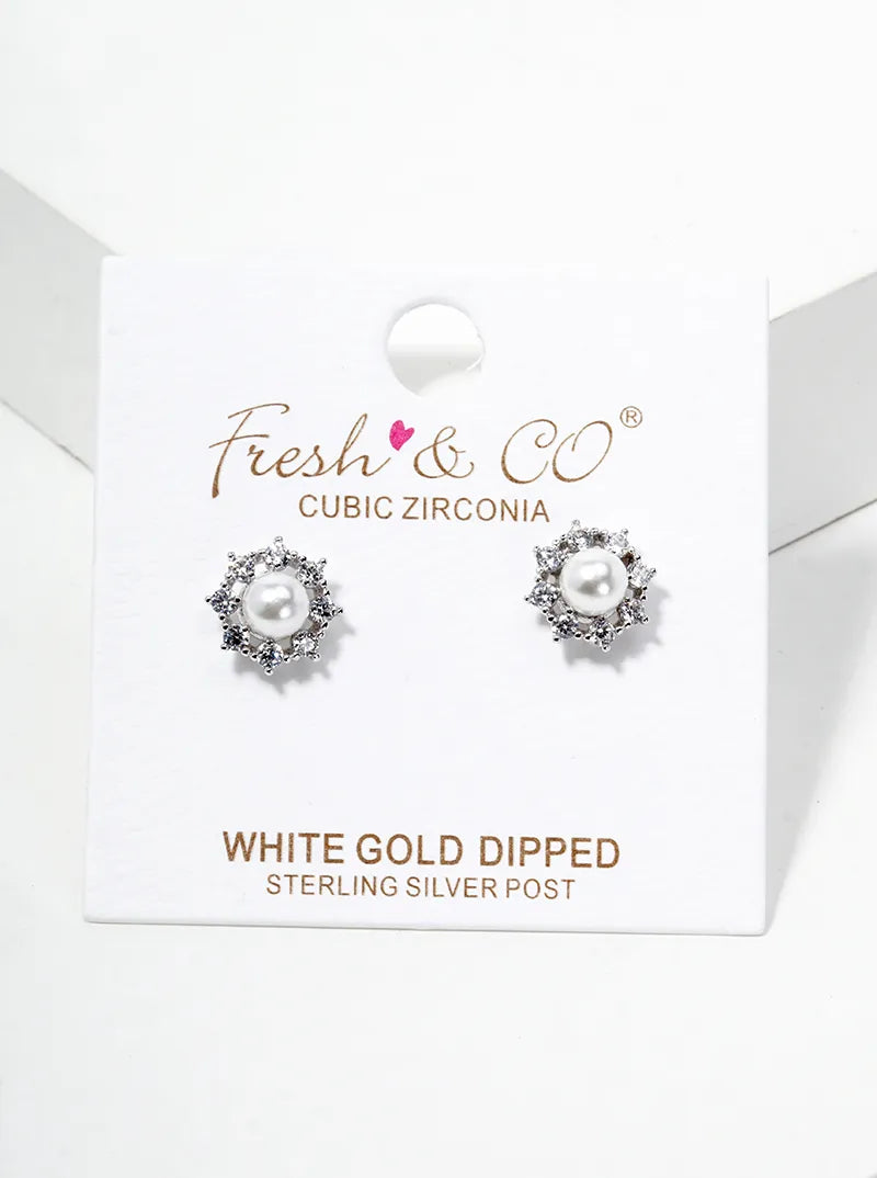 White Gold Dipped Dainty Flower CZ Glass Pearl Post Stud Earrings