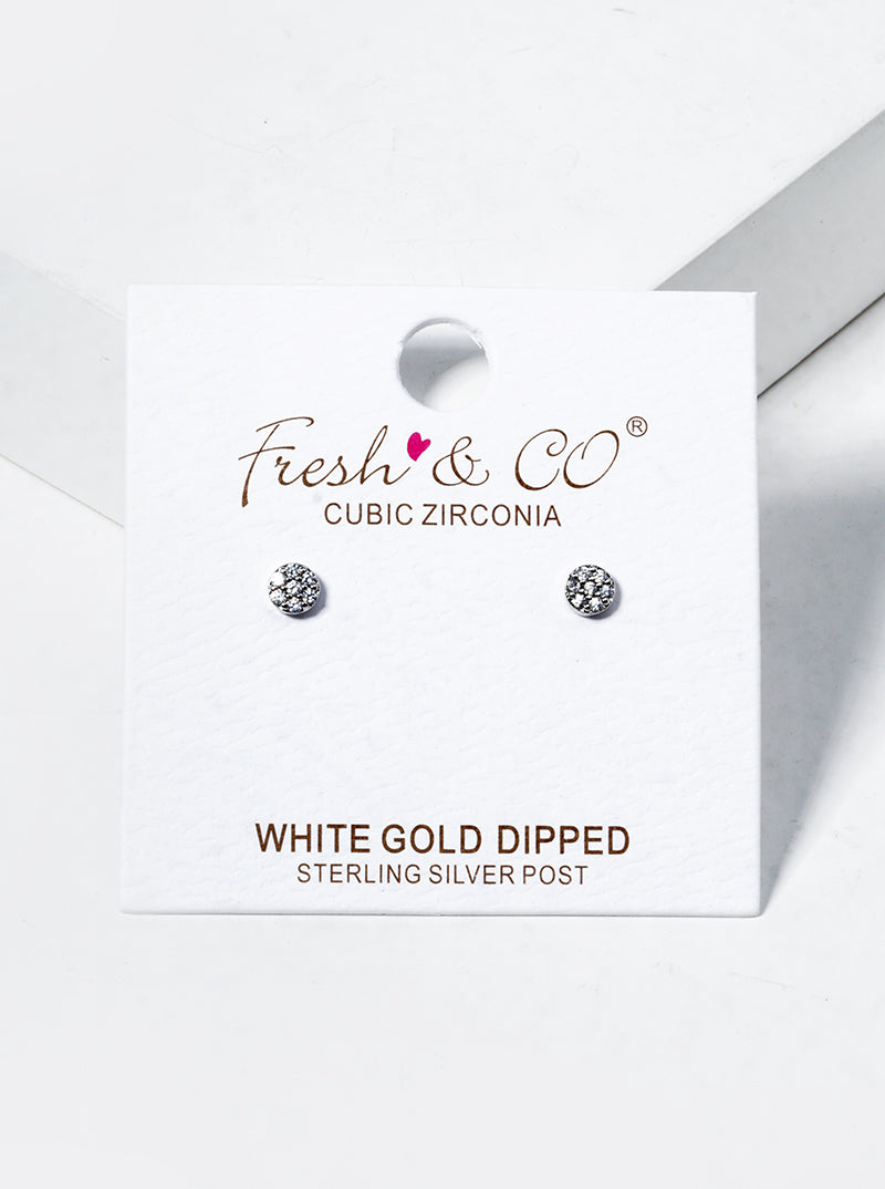 White Gold Dipped Delicate CZ Pave Round Post Stud Earrings