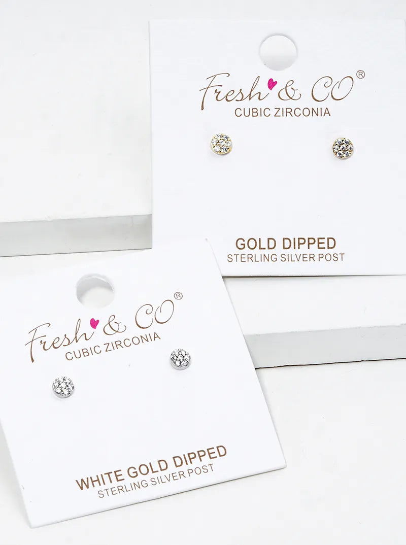 White Gold Dipped Delicate CZ Pave Round Post Stud Earrings