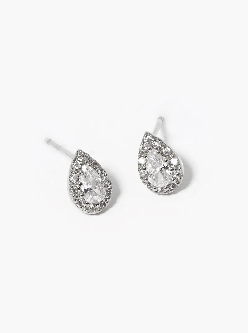 White Gold Dipped Delicate CZ Pave Teardrop Post Stud Earrings