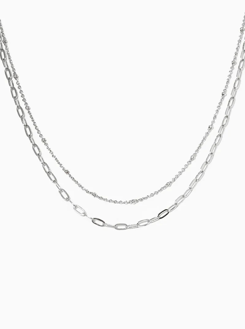 White Gold Dipped Delicate Double Chain Layered Necklace