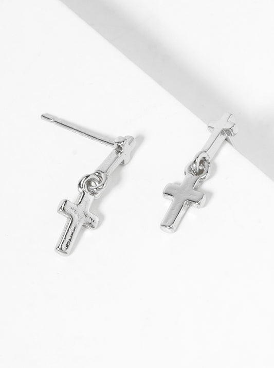 White Gold Dipped Double Cross Dangle Post Earrings