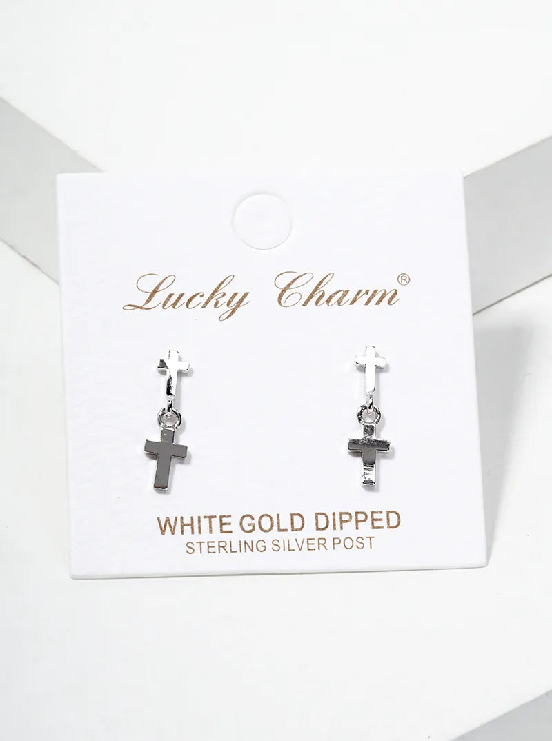 White Gold Dipped Double Cross Dangle Post Earrings