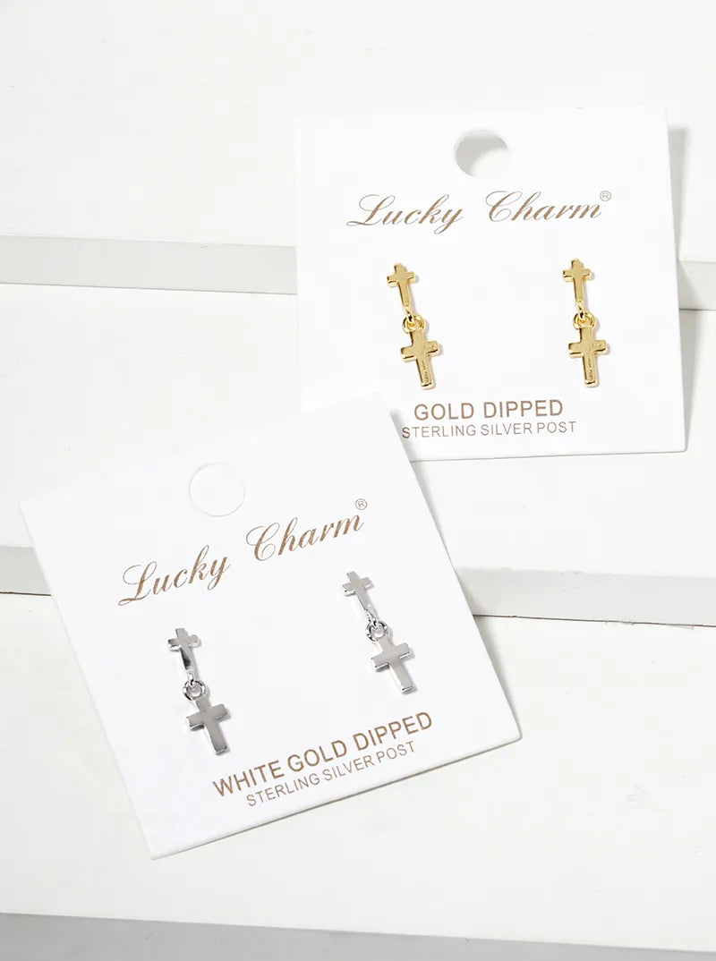 White Gold Dipped Double Cross Dangle Post Earrings