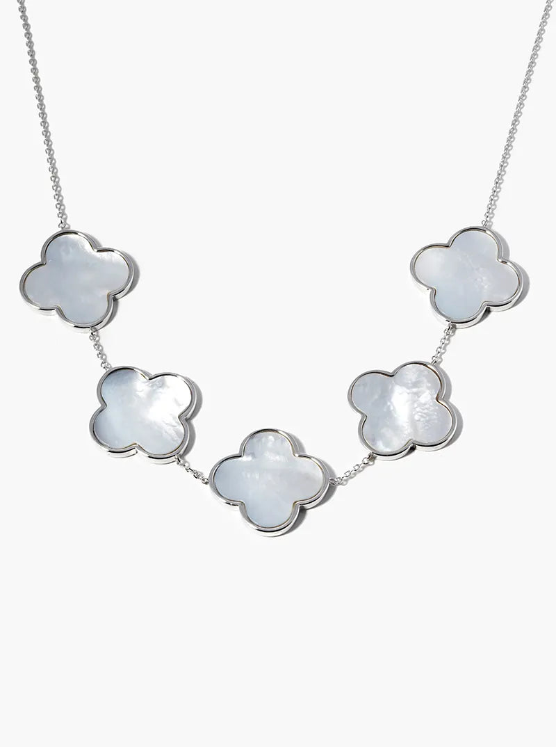 White Gold Dipped Five Mother Of Pearl Quatrefoil Statement Necklace