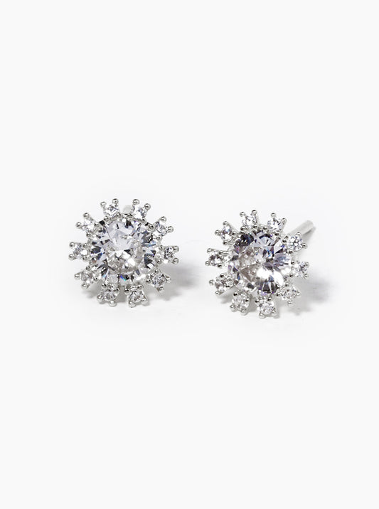 White Gold Dipped Flower CZ Post Stud Earrings