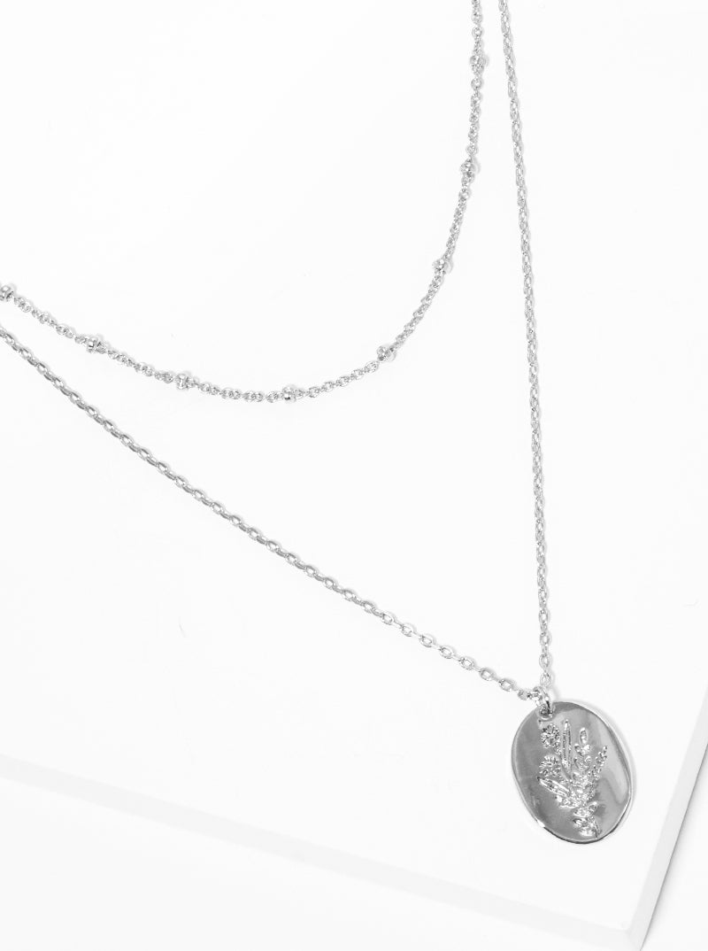 White Gold Dipped Flower Engraved Oval Pendant Layered Necklace