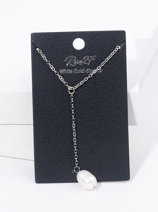 White Gold Dipped Freshwater Pearl Drop Lariat Necklace