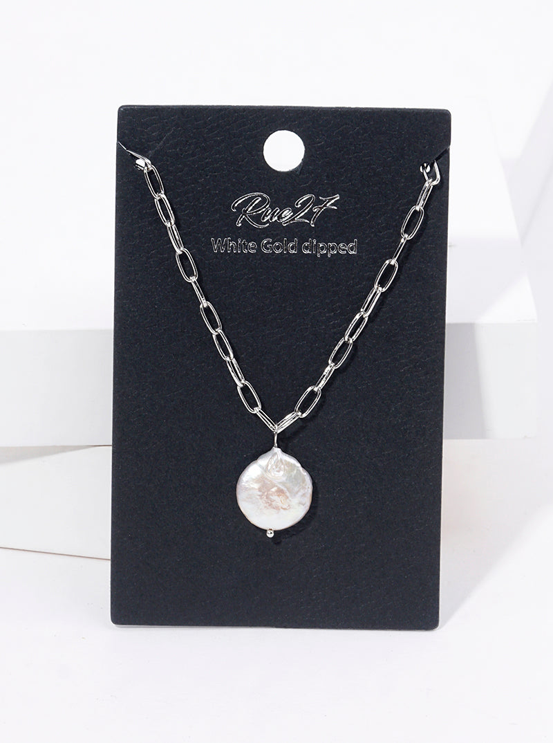 White Gold Dipped Freshwater Pearl Pendant Necklace