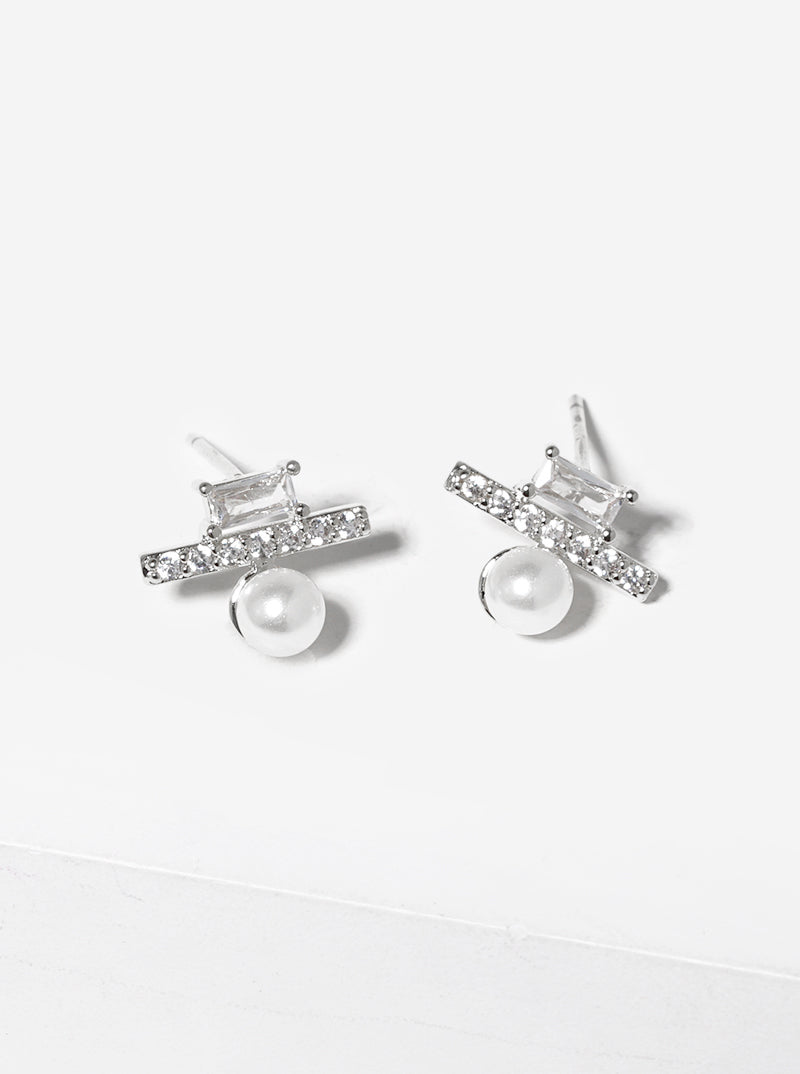 White Gold Dipped Geometric CZ Bar Pearl Post Stud Earrings