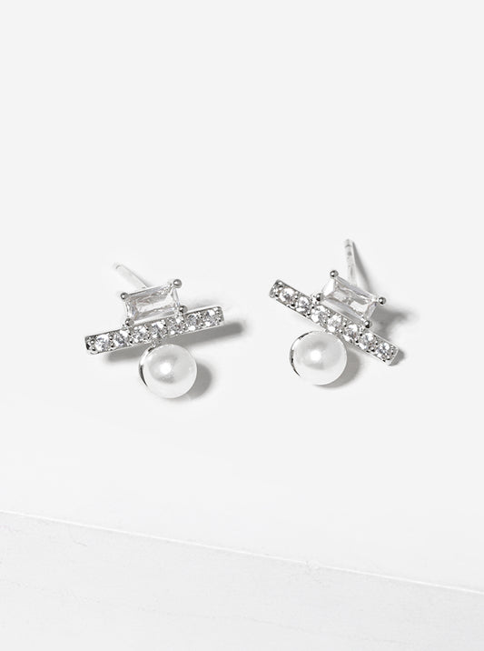 White Gold Dipped Geometric CZ Bar Pearl Post Stud Earrings