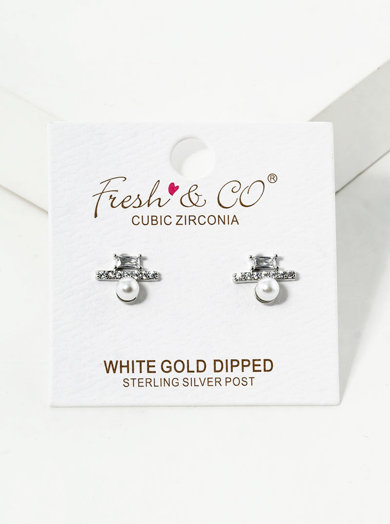 White Gold Dipped Geometric CZ Bar Pearl Post Stud Earrings