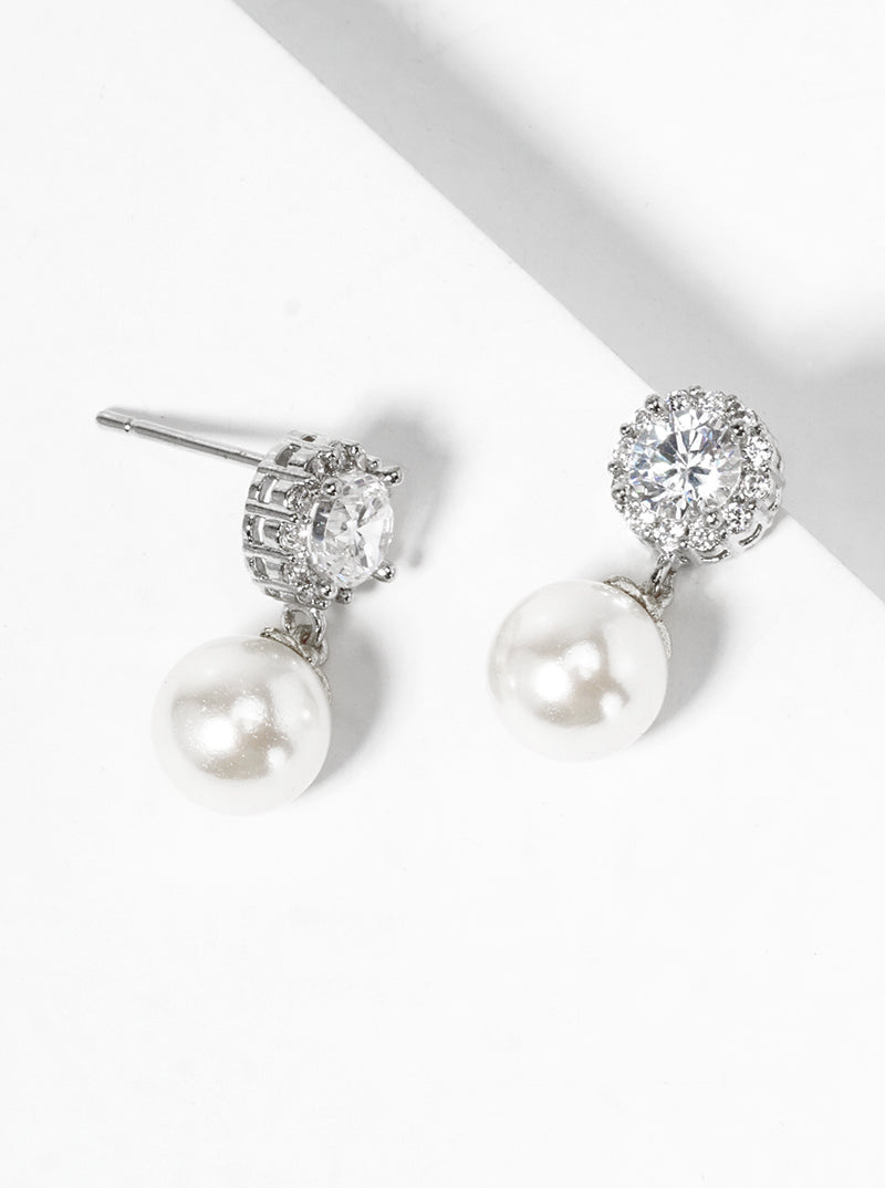 White Gold Dipped Glass Pearl Drop CZ Dangle Post Earrings