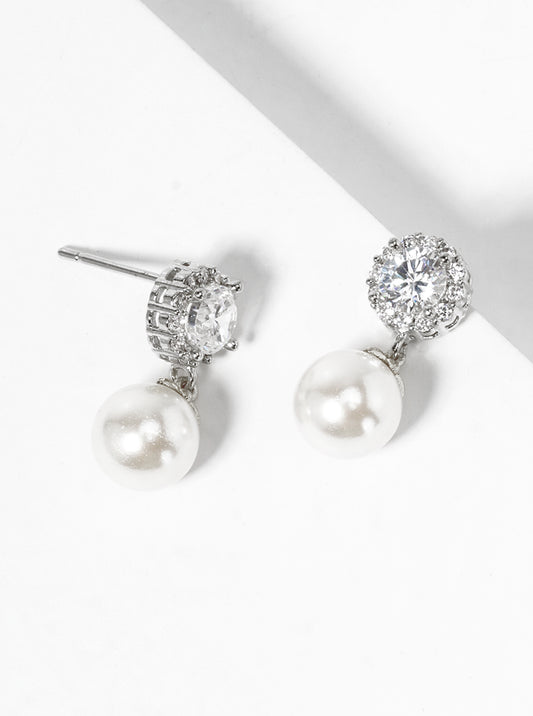 White Gold Dipped Glass Pearl Drop CZ Dangle Post Earrings