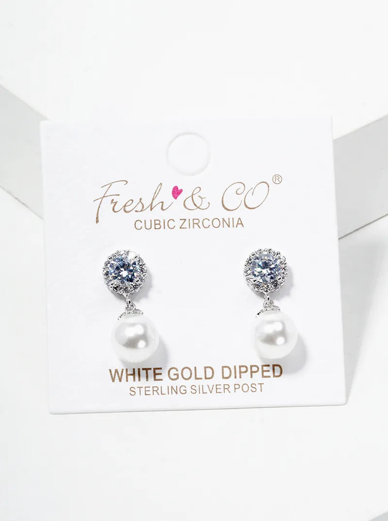 White Gold Dipped Glass Pearl Drop CZ Dangle Post Earrings