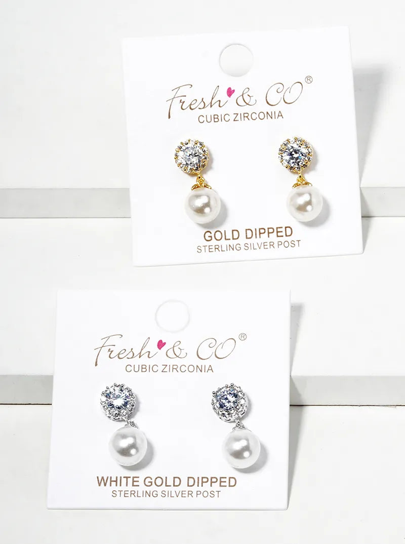 White Gold Dipped Glass Pearl Drop CZ Dangle Post Earrings