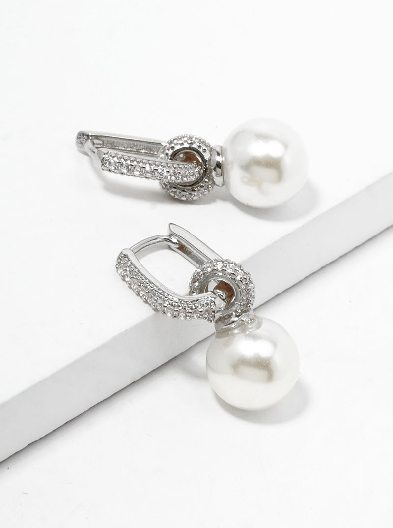 White Gold Dipped Glass Pearl Drop CZ Pave Huggie Hoop Earrings