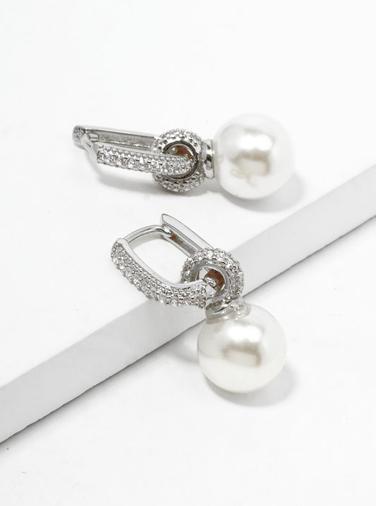 White Gold Dipped Glass Pearl Drop CZ Pave Huggie Hoop Earrings
